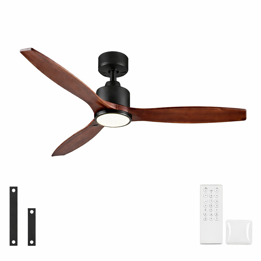 Realmate Farmhouse 52 In Indoor Matte Black Downrod Mount Ceiling Fan With 3 Solid Wood Blades Dimmable Led Light And Remote