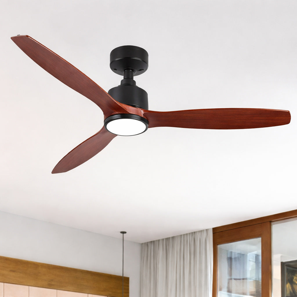 Realmate Farmhouse 52 In Indoor Matte Black Downrod Mount Ceiling Fan With 3 Solid Wood Blades Dimmable Led Light And Remote
