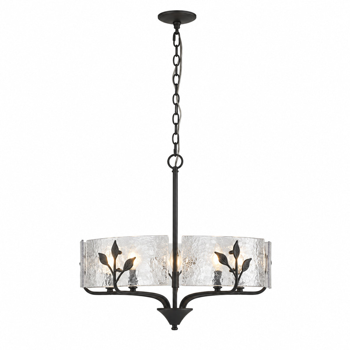 Golden Lighting Bloem 60 Watt 5 Light Natural Black Drum Pendant Light with Hammered Water Glass and No Bulbs Included