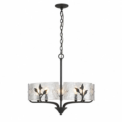 Golden Lighting Bloem 60 Watt 5 Light Natural Black Drum Pendant Light with Hammered Water Glass and No Bulbs Included