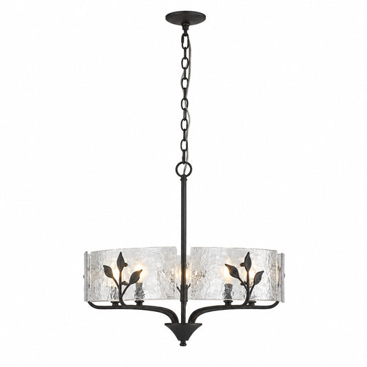 Golden Lighting Bloem 60 Watt 5 Light Natural Black Drum Pendant Light with Hammered Water Glass and No Bulbs Included