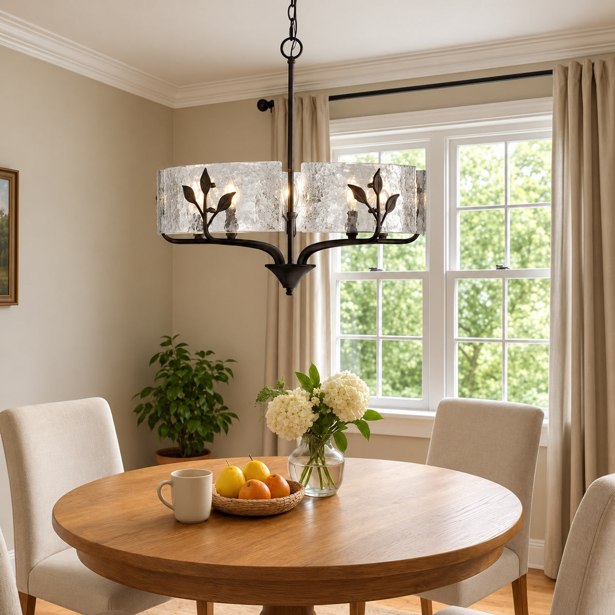 Golden Lighting Bloem 60 Watt 5 Light Natural Black Drum Pendant Light with Hammered Water Glass and No Bulbs Included