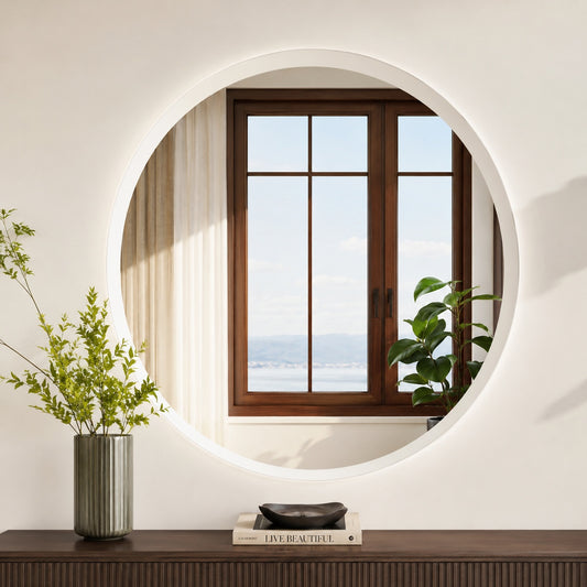 YULIKA 32 in W x 32 in LED Acrylic Decorative Mirror Round Bathroom Mirror Wall Mounted Vanity Mirror with 3 Color