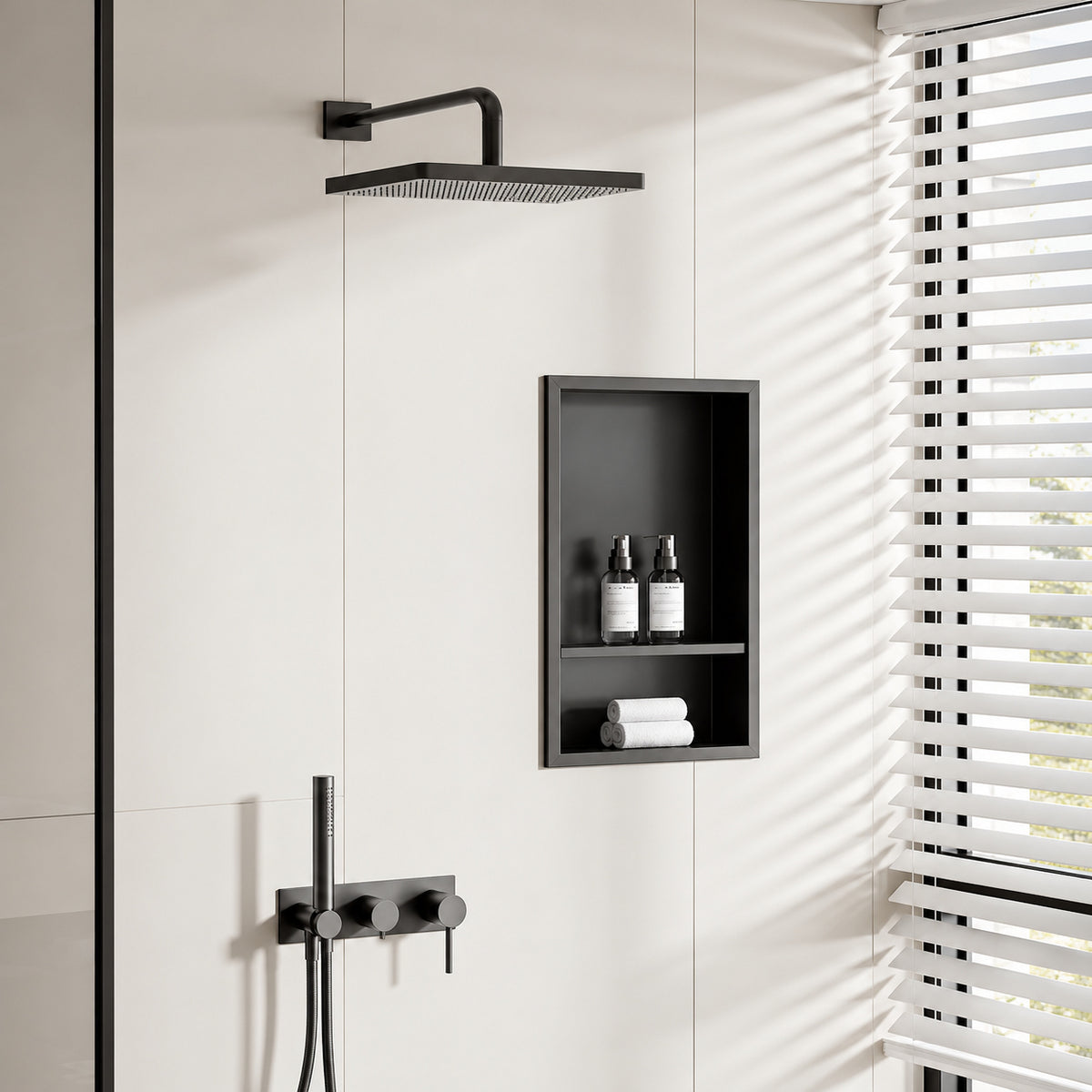 Yuaris 12 in W x 18 in H x 4 in D Waterproof Recessed Shower Niche with Double Shelves in Matte Black No Tile Needed SN1218BL2