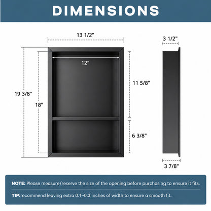 Yuaris 12 in W x 18 in H x 4 in D Waterproof Recessed Shower Niche with Double Shelves in Matte Black No Tile Needed SN1218BL2