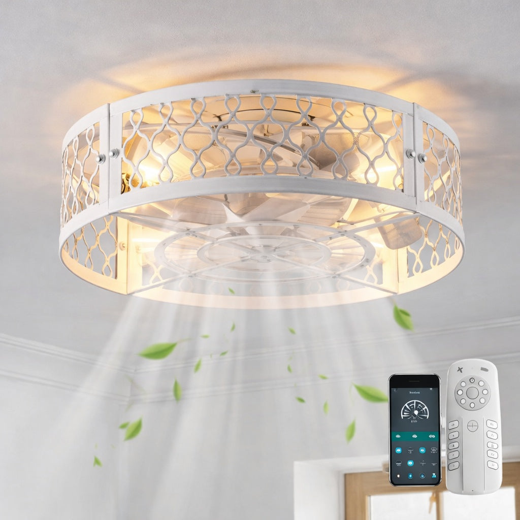 Genoci 19 7 in Indoor Distressed White Farmhouse Low Profile Caged Ceiling Fan with Remote Included for Bedroom or Kitchen