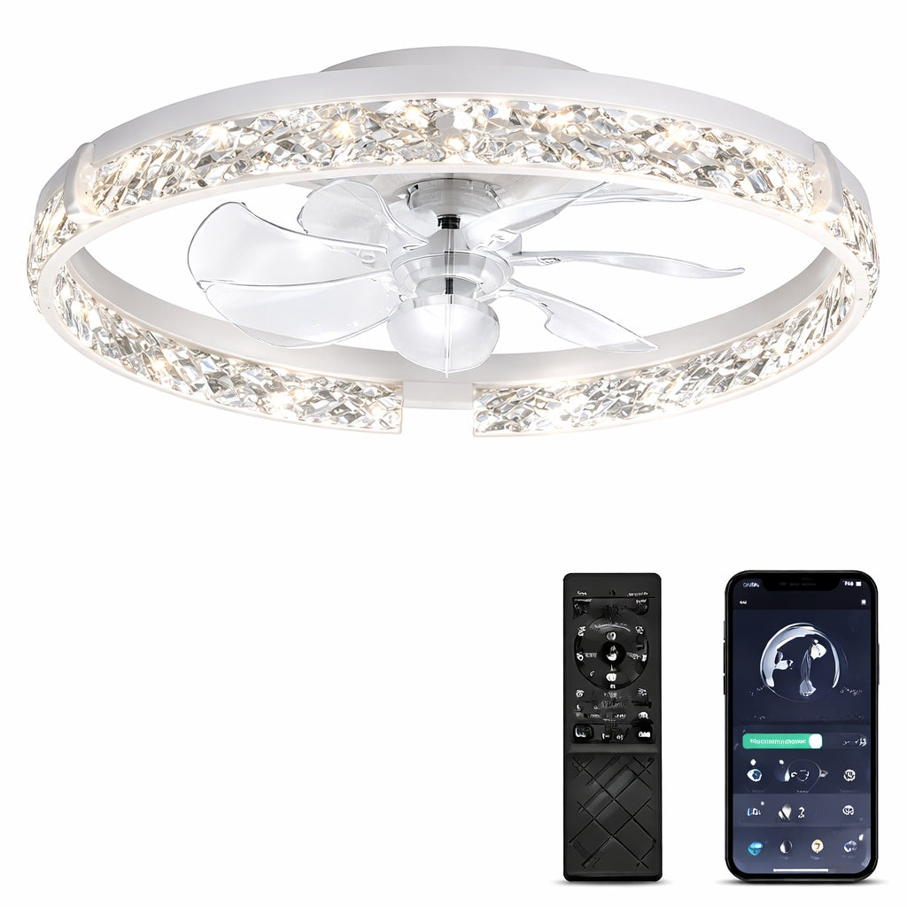 HINNIXY 20 in Smart Indoor White Crystal Ceiling Fan with Integrated LED Light and Remote App Control