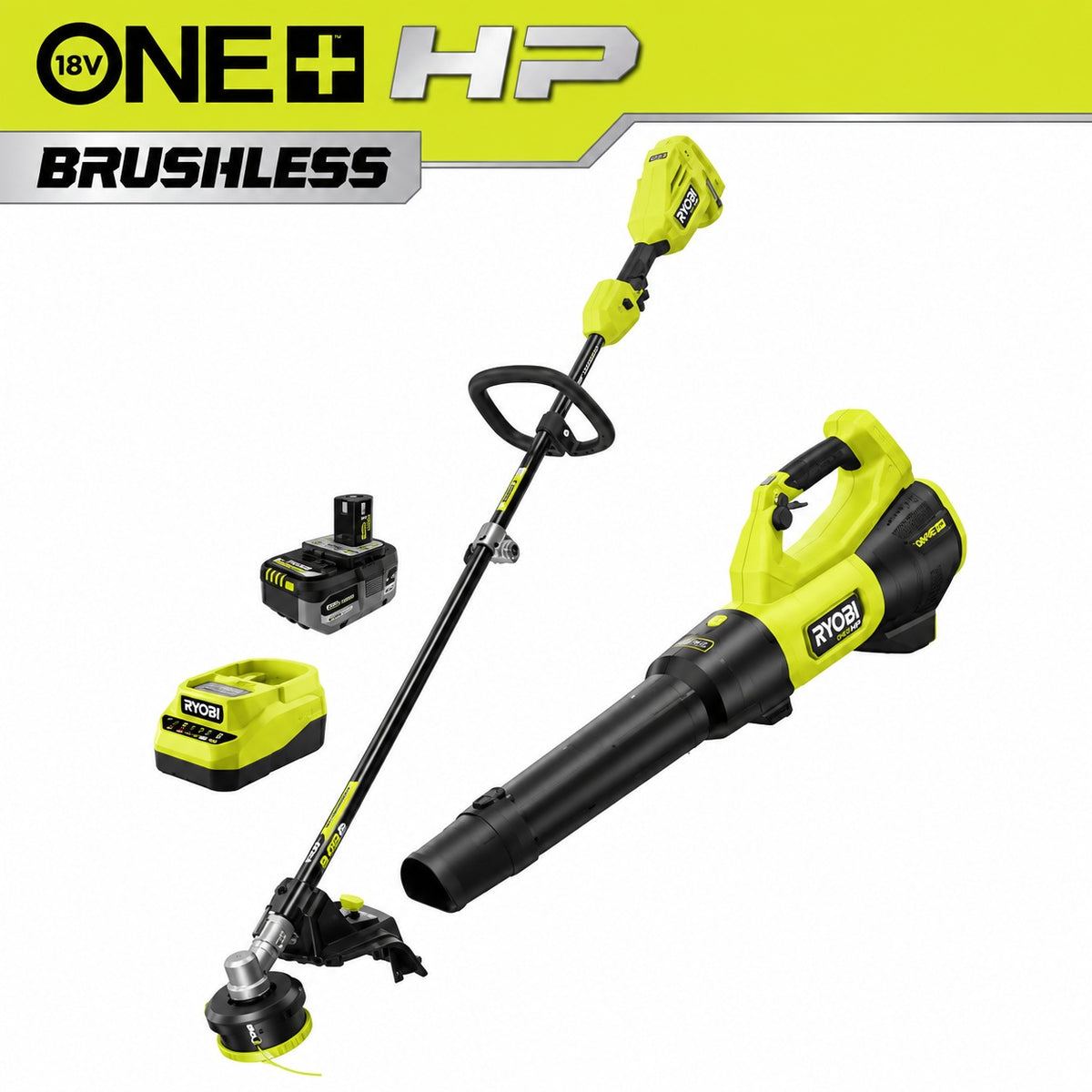 RYOBI ONE HP 18V Brushless Cordless 15 in String Trimmer 130 MPH 510 CFM Leaf Blower Combo Kit w 4 0 Ah Battery Charger PBLCK202K