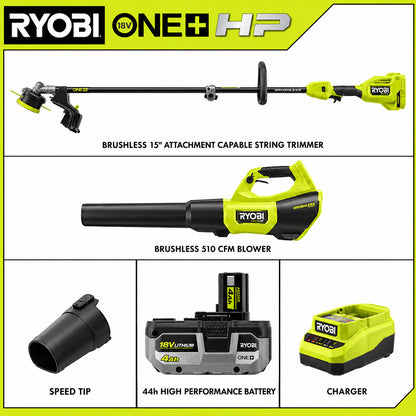 RYOBI ONE HP 18V Brushless Cordless 15 in String Trimmer 130 MPH 510 CFM Leaf Blower Combo Kit w 4 0 Ah Battery Charger PBLCK202K