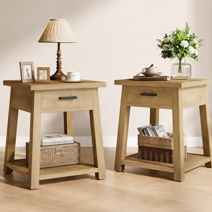 Kerlin 20 in Brown Square Wood End Table with Drawer Set of 2 2 Tier Rustic Side Table Nightstands with Shelf Storage