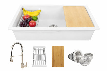 Akdy Ks 32 In Undermount Single Bowl White Fireclay Kitchen Sink With Faucets And Basket Strainer