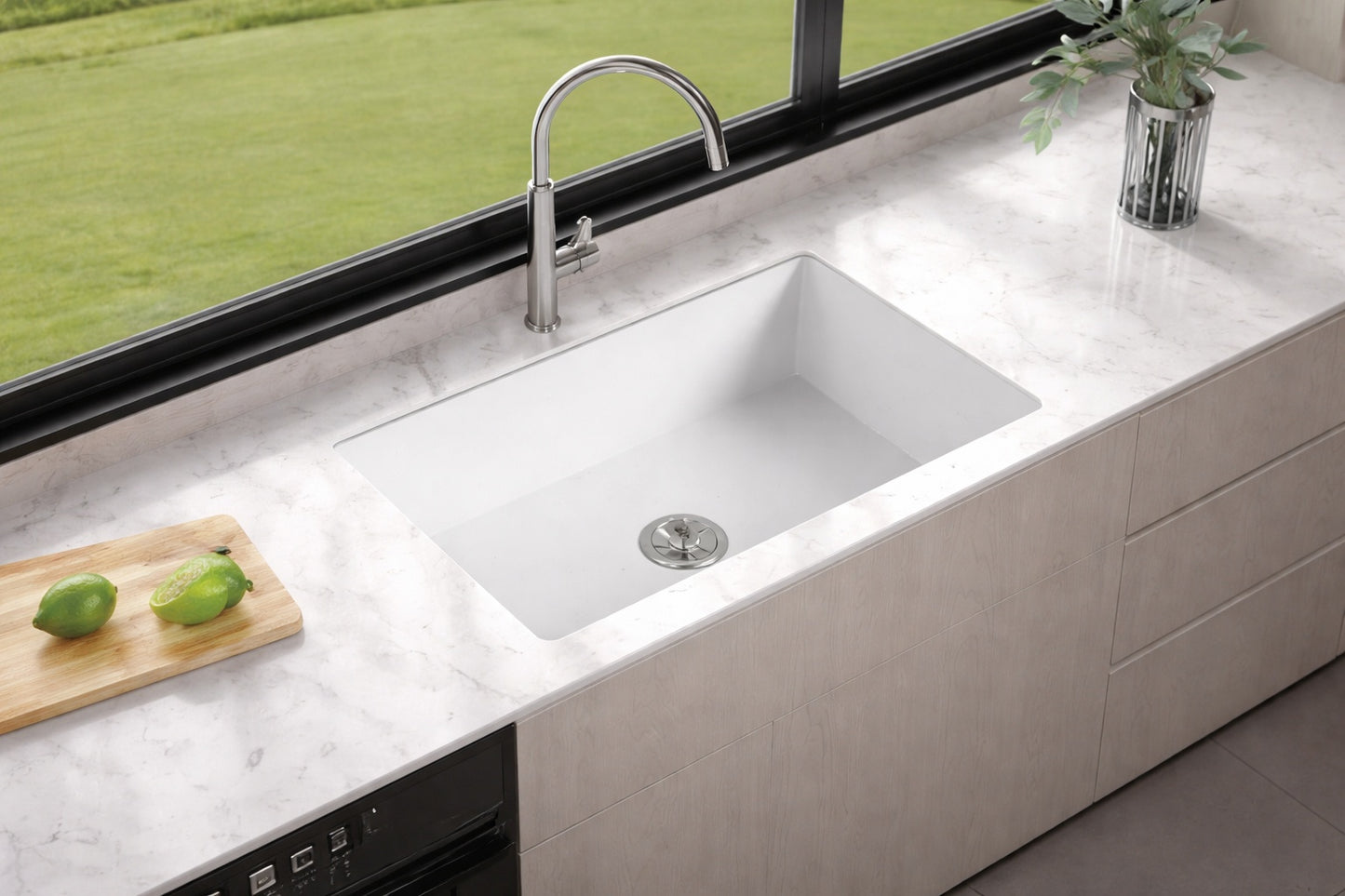 Akdy Ks 32 In Undermount Single Bowl White Fireclay Kitchen Sink With Faucets And Basket Strainer