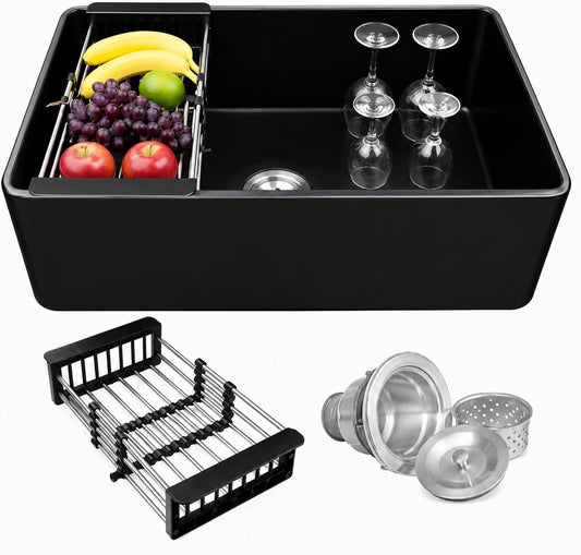 AKDY Black Fireclay 33 in Single Bowl Apron Front Kitchen Sink with Basket Strainer