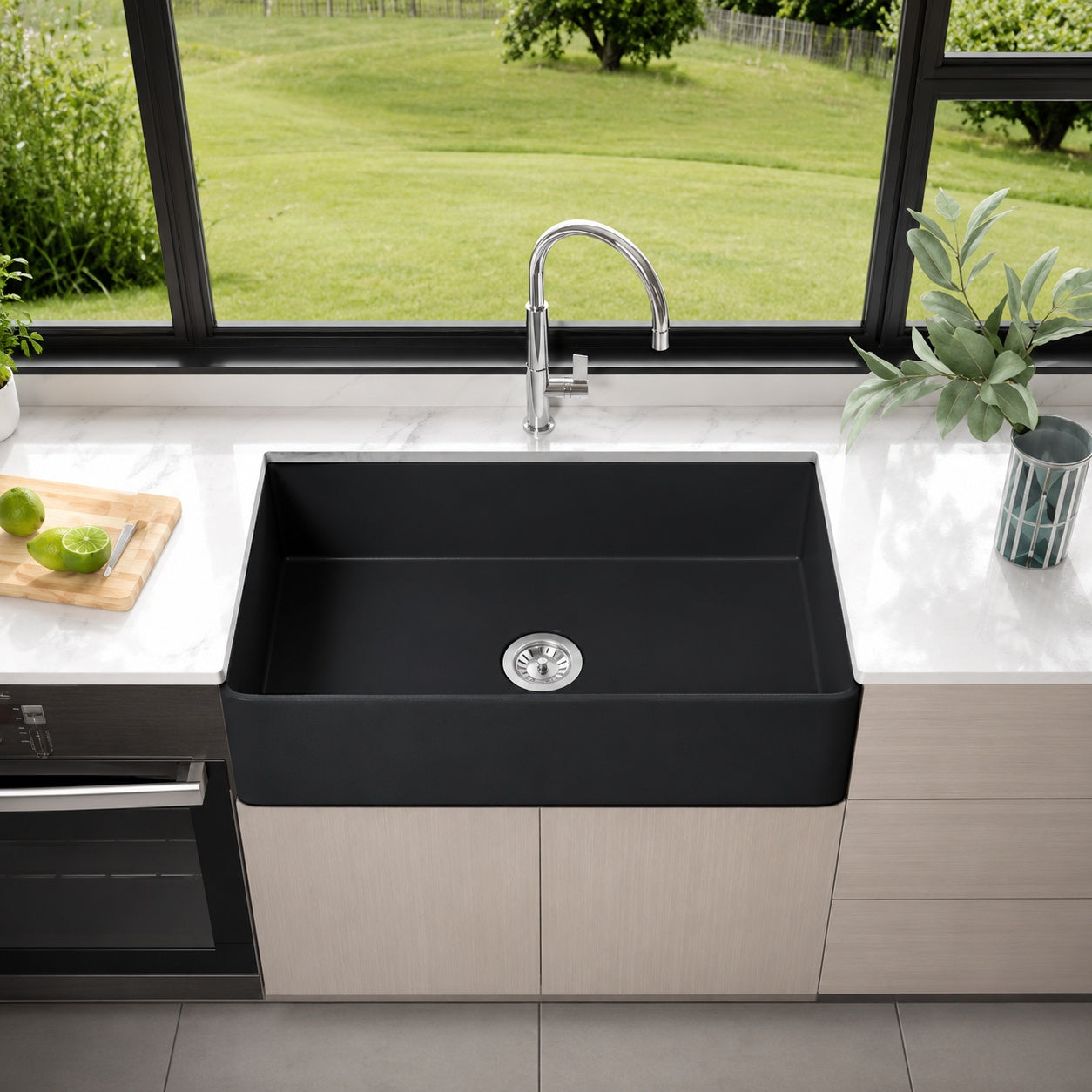 AKDY Black Fireclay 33 in Single Bowl Apron Front Kitchen Sink with Basket Strainer