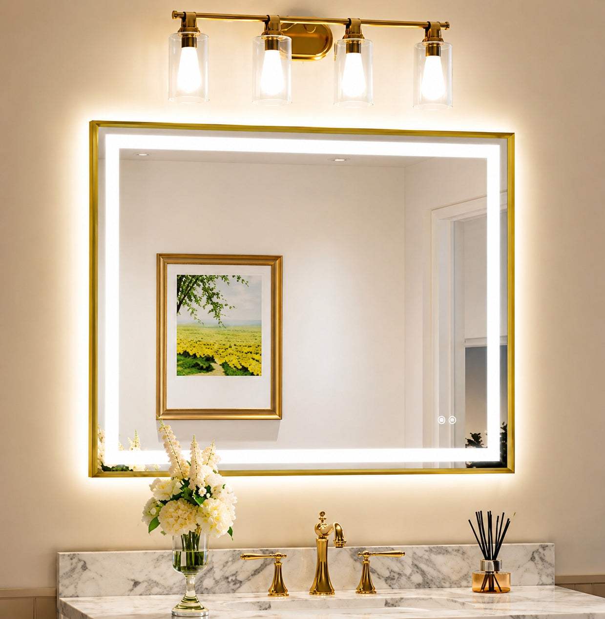 KeonJinn 40 in W x 32 in H Rectangular Framed LED Lighted Bathroom Vanity Mirror with Light in Gold with Backlit and Anti Fog