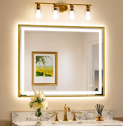 KeonJinn 40 in W x 32 in H Rectangular Framed LED Lighted Bathroom Vanity Mirror with Light in Gold with Backlit and Anti Fog