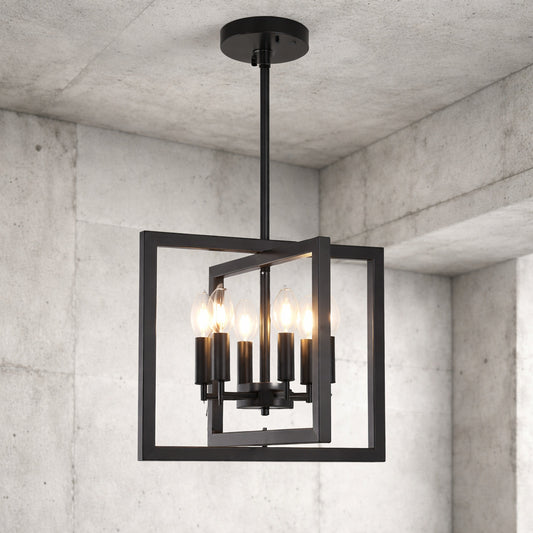ADSENSTY 6 Light Black Geometric Candle Chandelier Modern Industrial Hanging Light Fixture for Dining Room