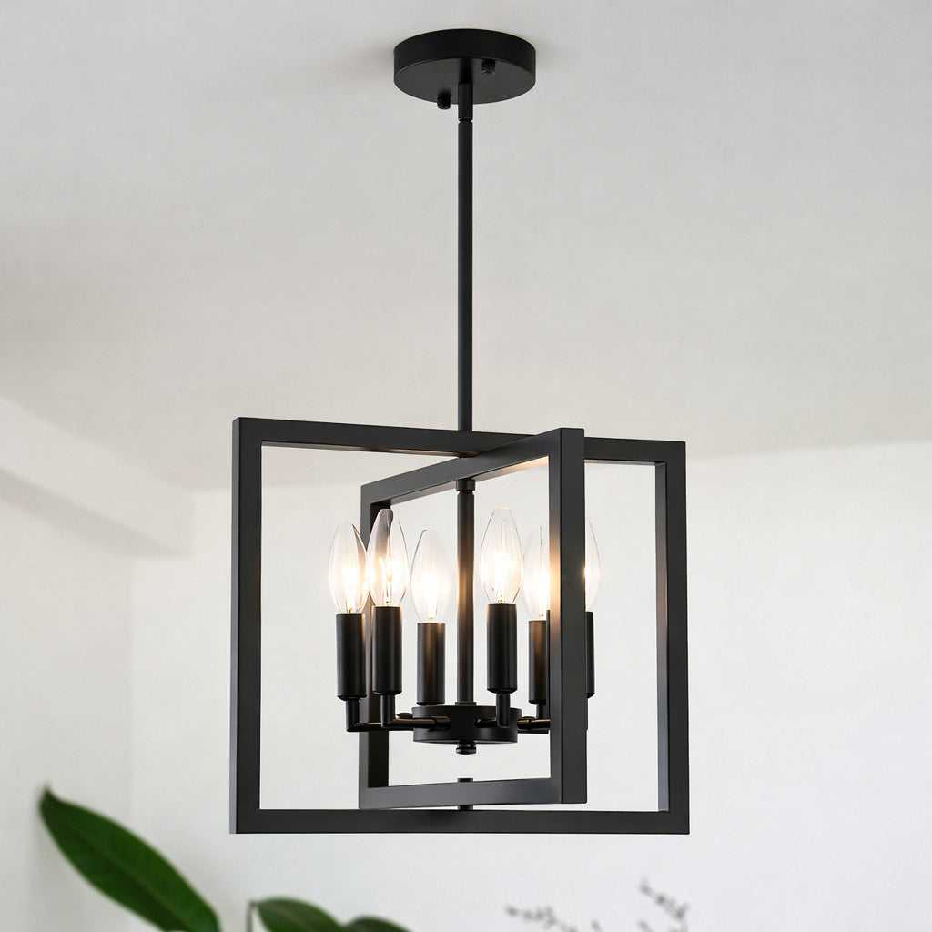 ADSENSTY 6 Light Black Geometric Candle Chandelier Modern Industrial Hanging Light Fixture for Dining Room