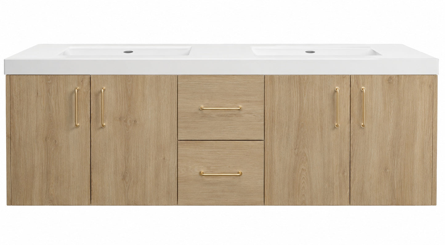 PROOX MinimalGrace 60 in Double Sink Floating Oak Bath Vanity with White Resin Top