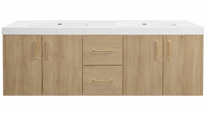 PROOX MinimalGrace 60 in Double Sink Floating Oak Bath Vanity with White Resin Top