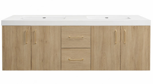 PROOX MinimalGrace 60 in Double Sink Floating Oak Bath Vanity with White Resin Top