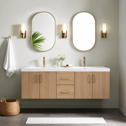 PROOX MinimalGrace 60 in Double Sink Floating Oak Bath Vanity with White Resin Top