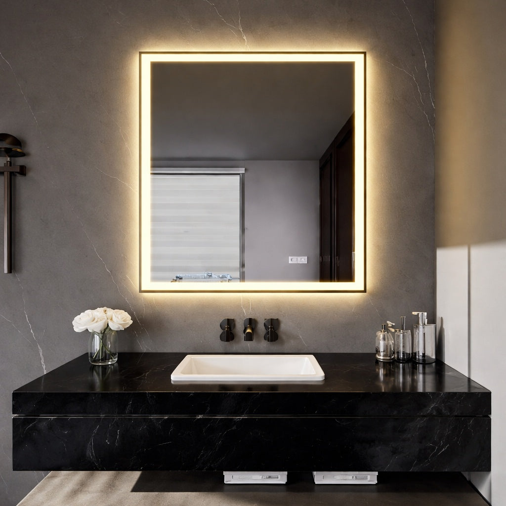 Peorsily 36 in W x 30 in H Rectangular Frameless Anti Fog Dimmable Wall Bathroom Vanity Mirror with Backlit and Front Lit