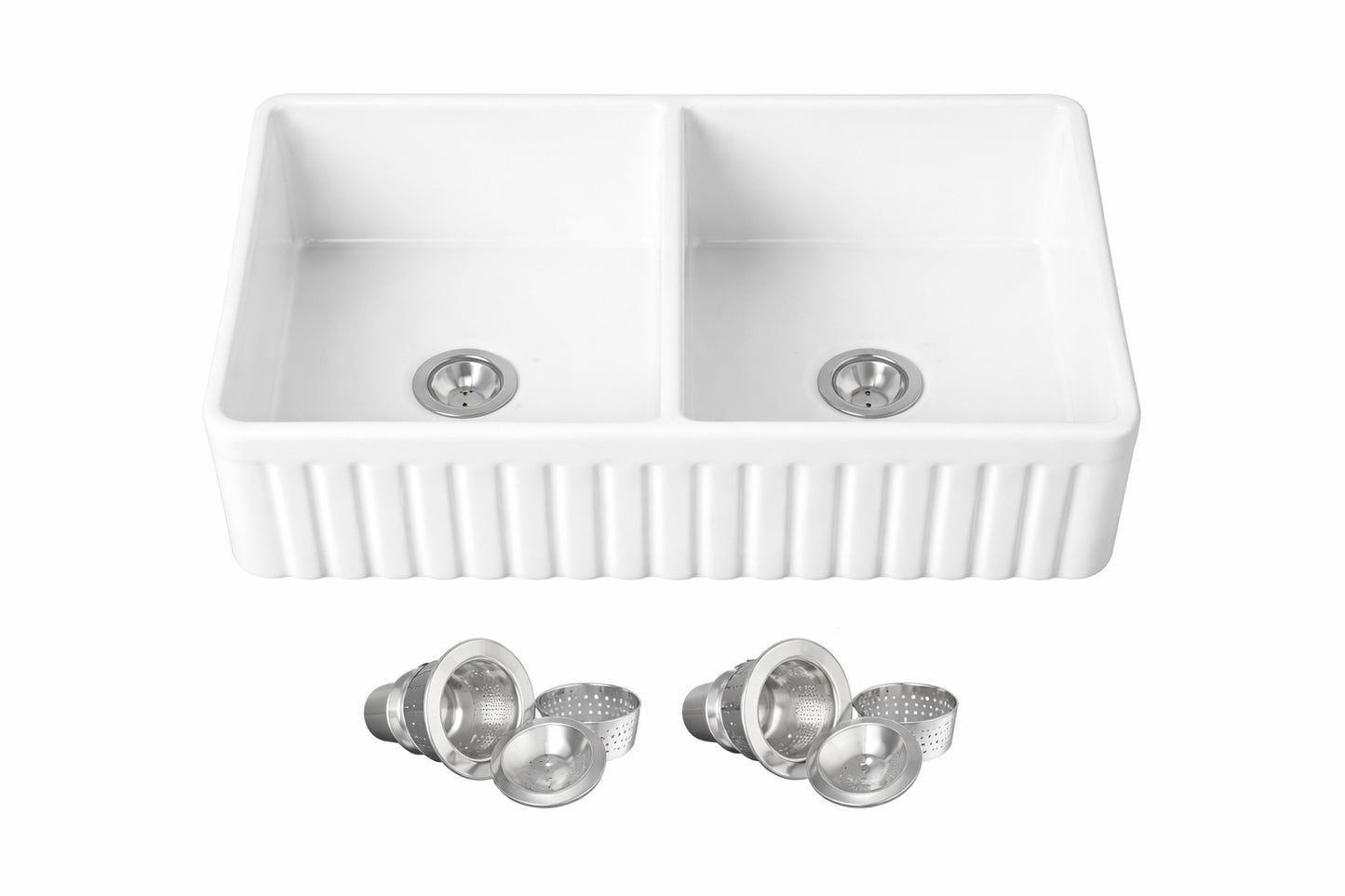 AKDY White Fireclay 33 in Double Bowl Apron Front Workstation Kitchen Sink with Basket Strainer and Cutting Board