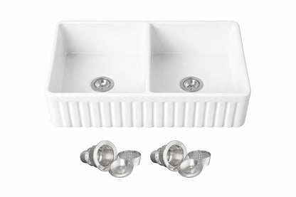 AKDY White Fireclay 33 in Double Bowl Apron Front Workstation Kitchen Sink with Basket Strainer and Cutting Board