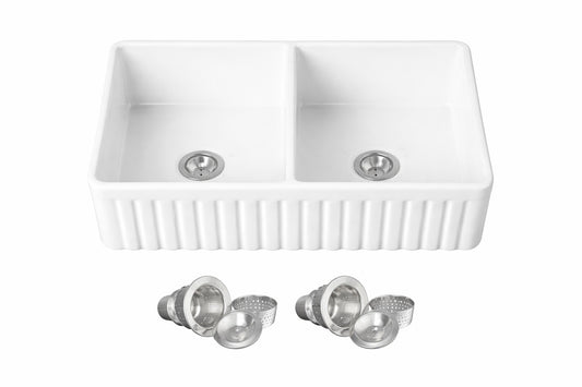 AKDY White Fireclay 33 in Double Bowl Apron Front Workstation Kitchen Sink with Basket Strainer and Cutting Board
