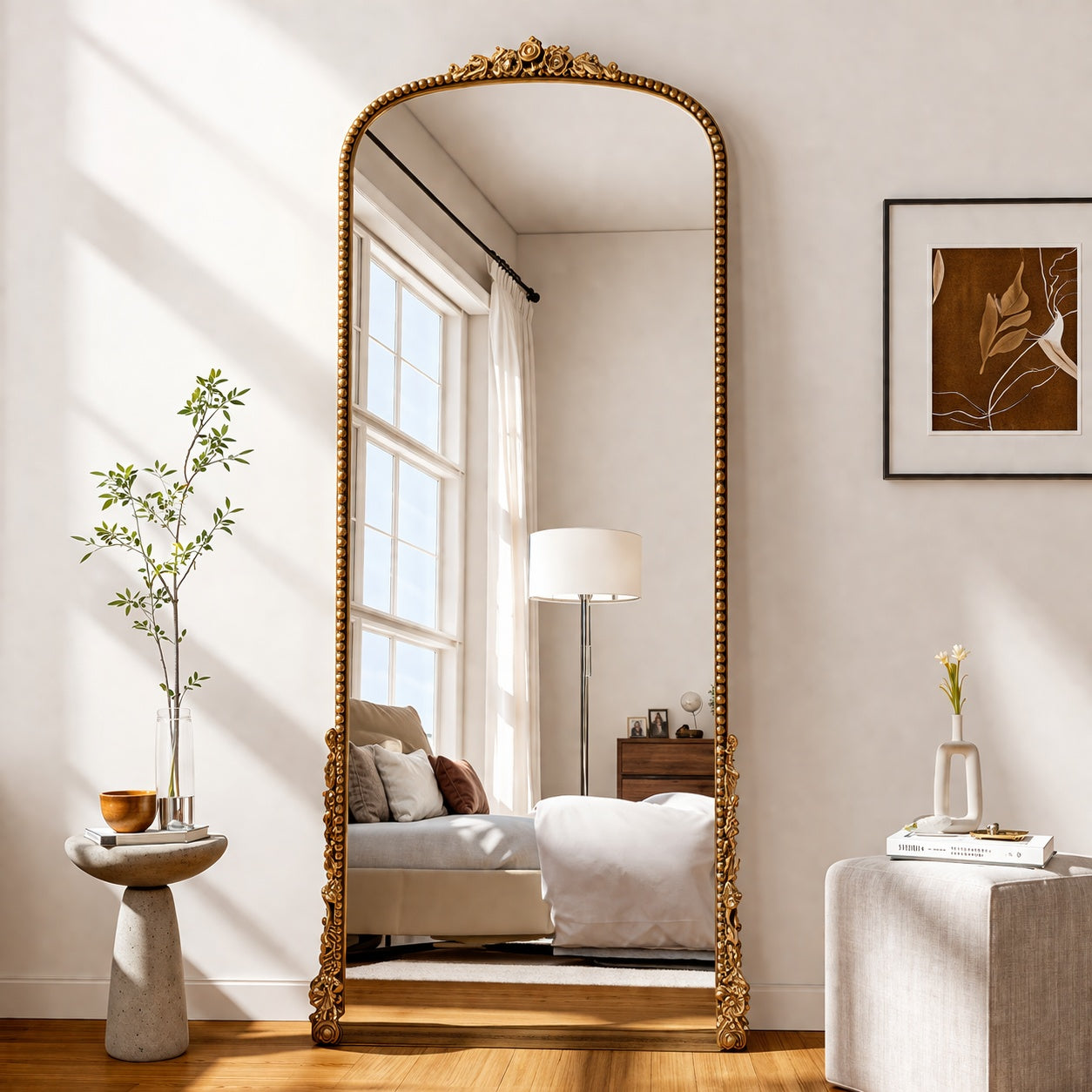 Xramfy Antique Gold 32 In W X 71 In H Carved Arched Pu Frame Full Length Floor Mirror