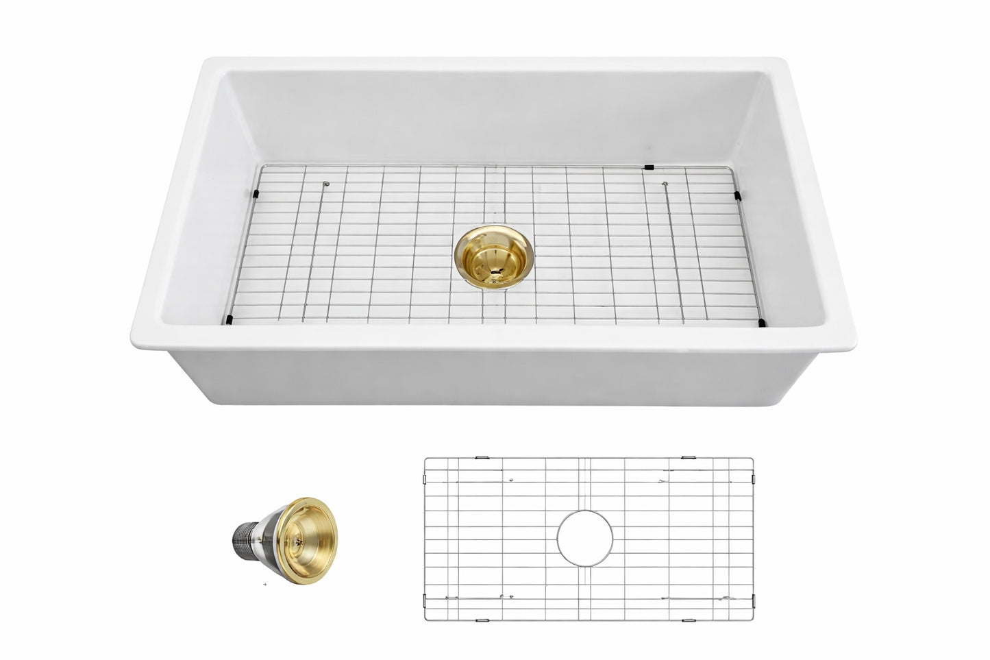 LORDEAR 30 in Fireclay Ceramic Undermount Single Bowl Kitchen Sink in White with Gold Drain and Bottom Grid