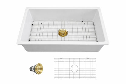 LORDEAR 30 in Fireclay Ceramic Undermount Single Bowl Kitchen Sink in White with Gold Drain and Bottom Grid
