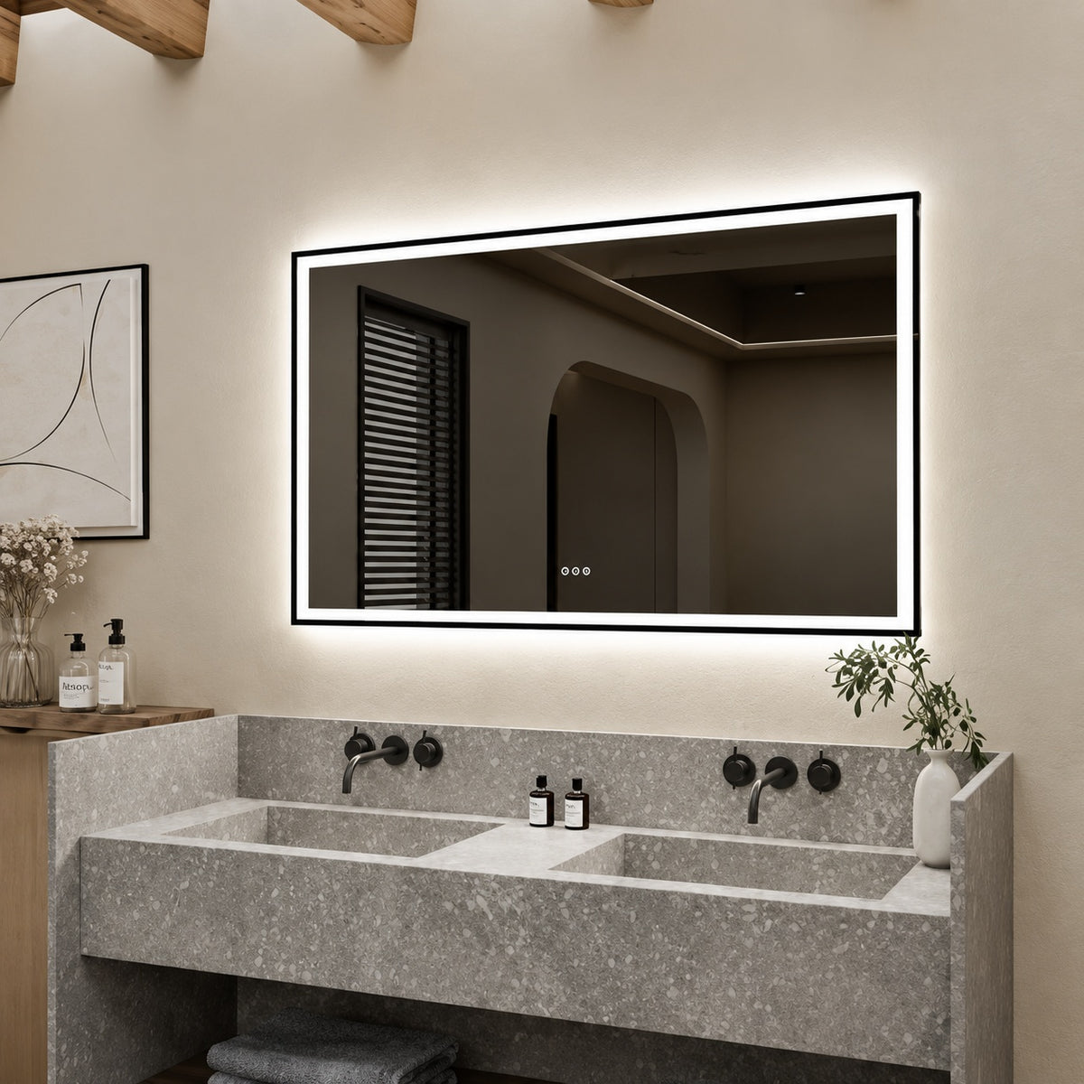 Yuaris 60 in W x 30 in H Rectangular Frameless Anti Fog Dimmable Wall Bathroom Vanity Mirror with Backlit and Front Lit