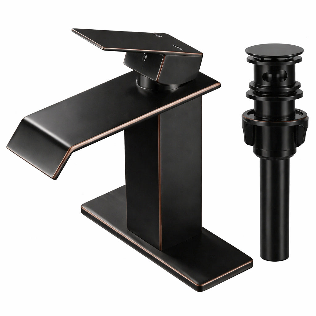 AKLFGN Waterfall Spout Single Handle Single Hole Bathroom Faucet with Deckplate and Pop up Drain in Oil Rubbed Bronze