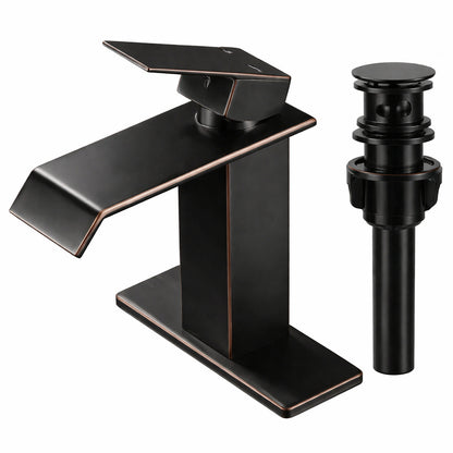 AKLFGN Waterfall Spout Single Handle Single Hole Bathroom Faucet with Deckplate and Pop up Drain in Oil Rubbed Bronze