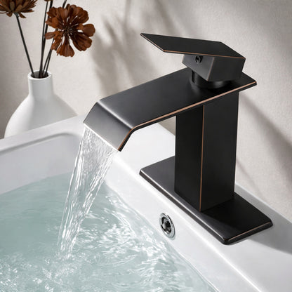 AKLFGN Waterfall Spout Single Handle Single Hole Bathroom Faucet with Deckplate and Pop up Drain in Oil Rubbed Bronze