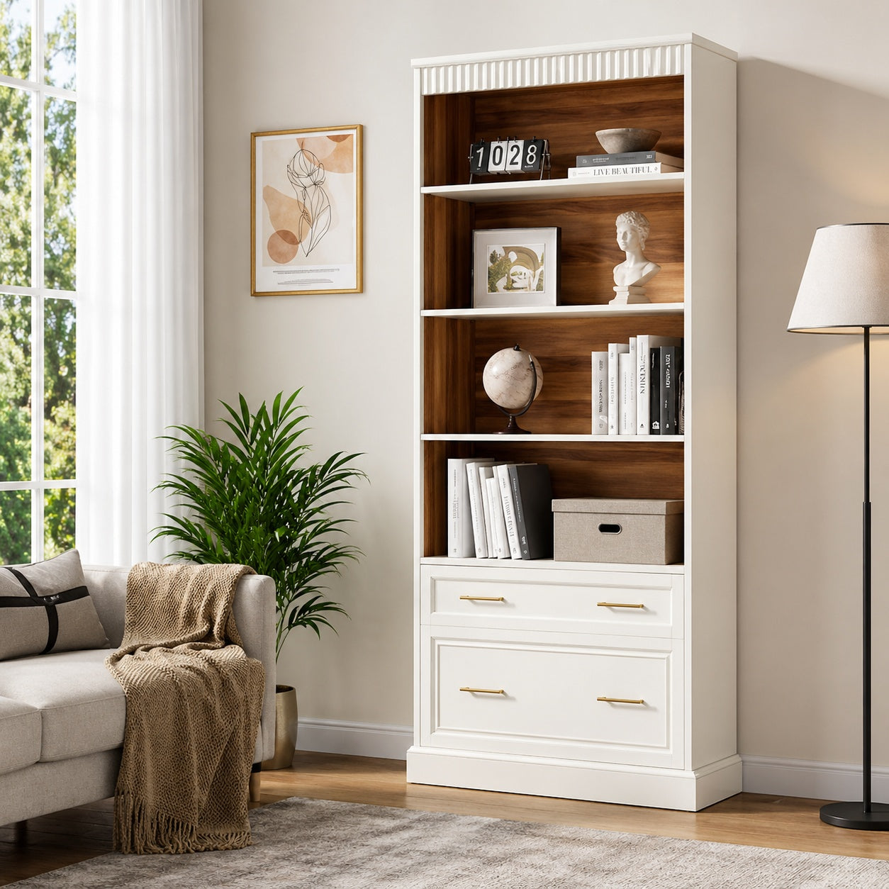 BYBLIGHT Eulas 72 in Tall White Engineered Wood 5 Shelf Standard Bookcase with File Cabinet Drawer Open Display Storage Bookshelf