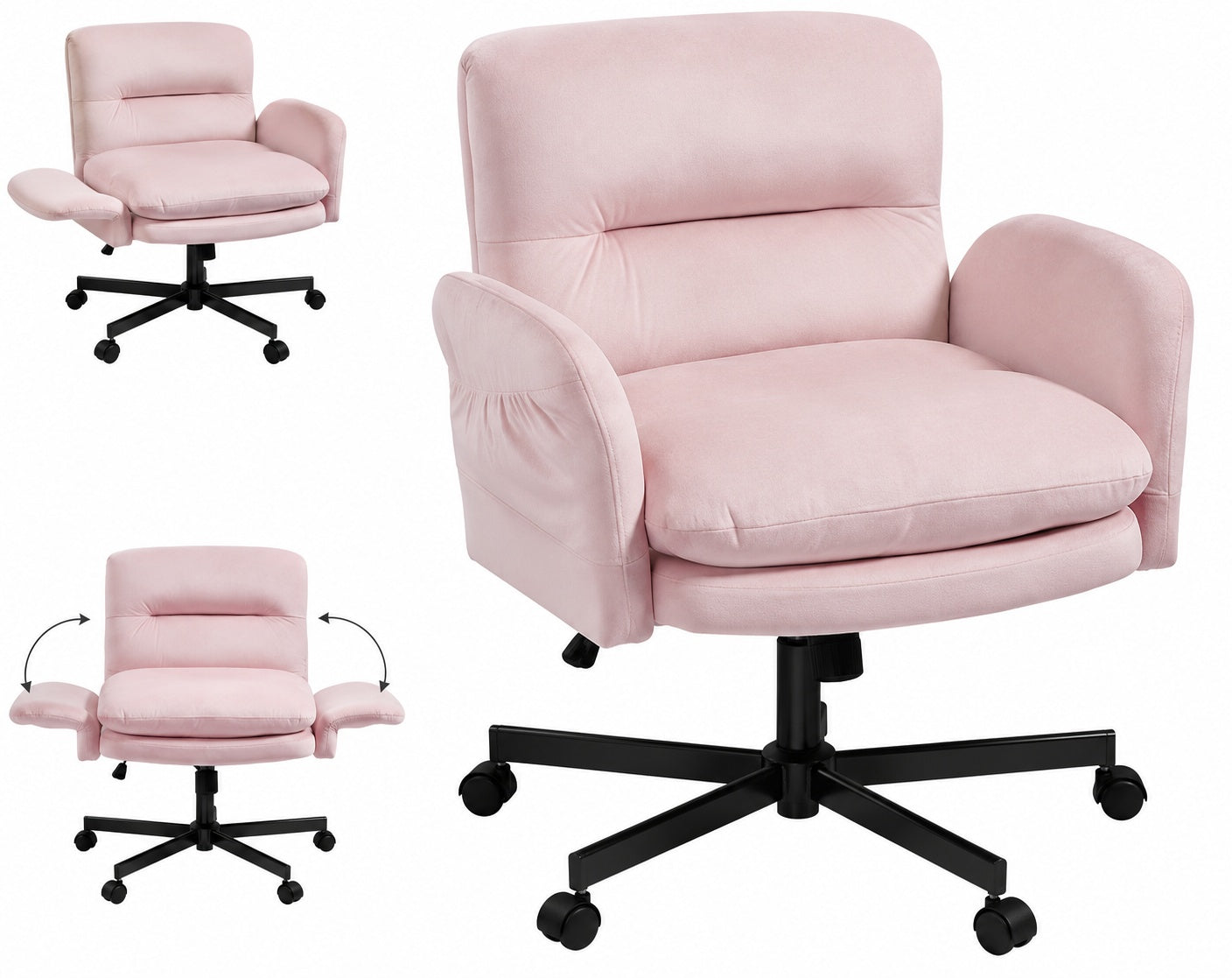 Bestier Velour Thick Cushioned Cross Legged Office Chair in Pink with Adjustable Padded Arms Mid Back Vanity Chair for Bedroom USTHDCZUS H200773A PNKSBT M