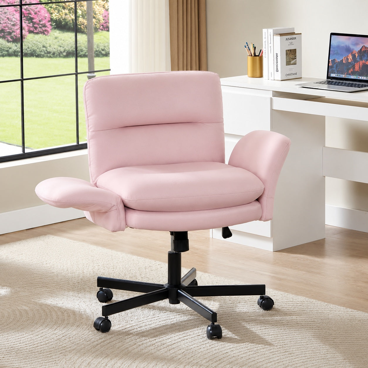 Bestier Velour Thick Cushioned Cross Legged Office Chair in Pink with Adjustable Padded Arms Mid Back Vanity Chair for Bedroom USTHDCZUS H200773A PNKSBT M