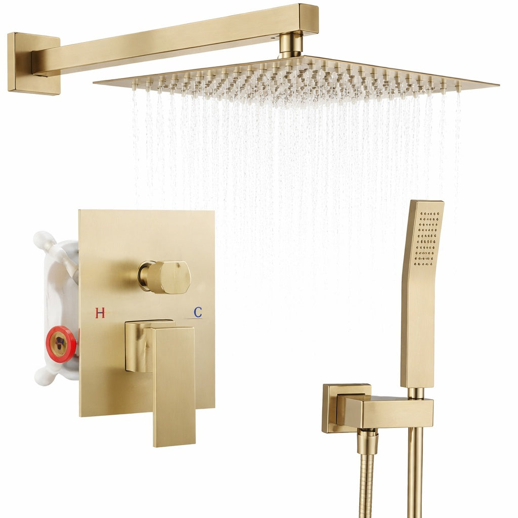 AKLFGN Square Single Handle 2 Spray Shower Faucet Bathroom Shower Combo Set 2 5 GPM with Adjustable Heads in Brushed Gold SHFT