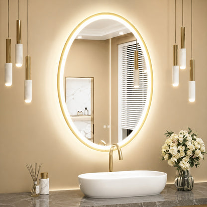KeonJinn 24 in W x 32 in H Oval Framed Bathroom Mirrors Wall Mount LED Bathroom Vanity Mirror in Gold