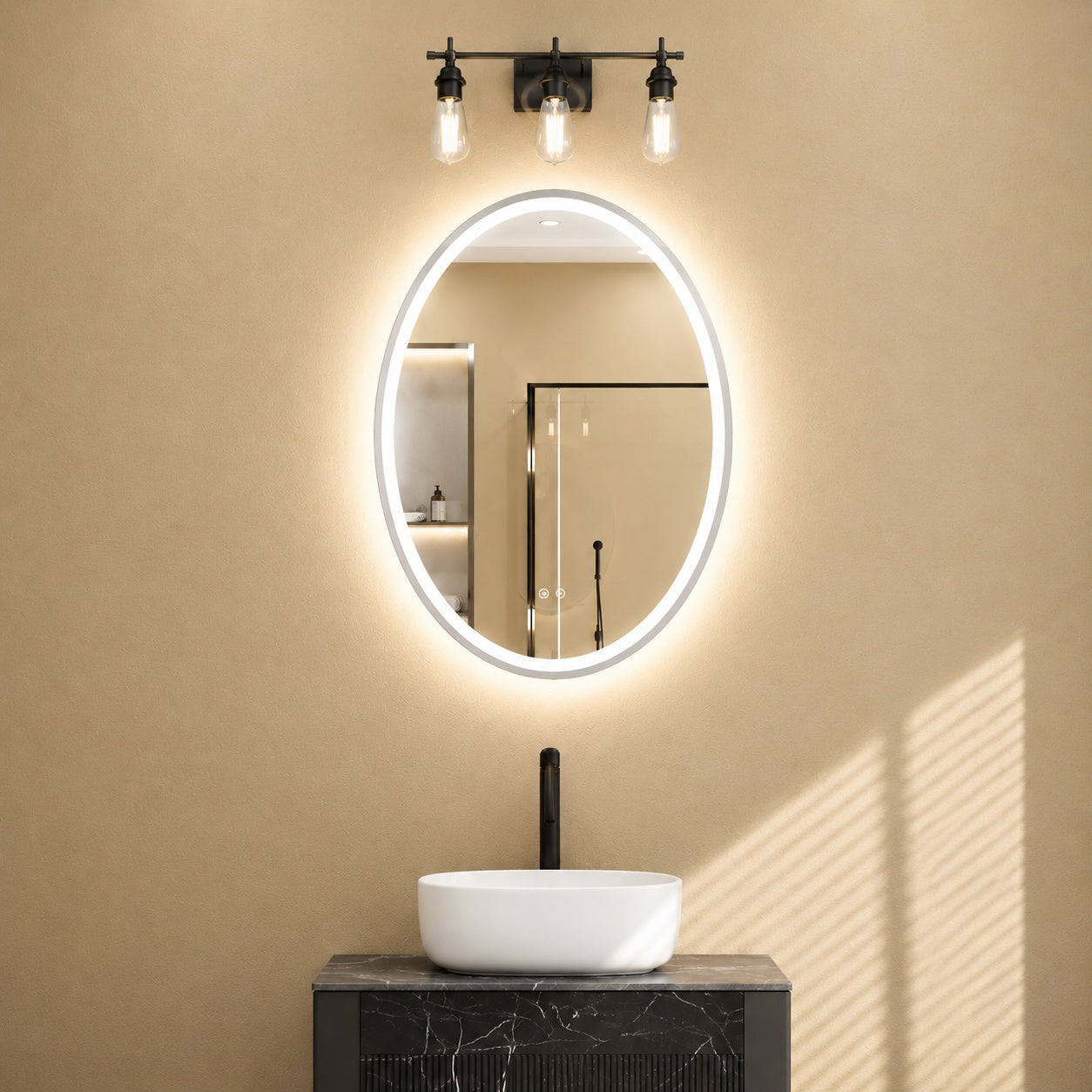 KeonJinn 24 in W x 32 in H Oval Framed Bathroom Mirrors Wall Mount LED Bathroom Vanity Mirror in Gold