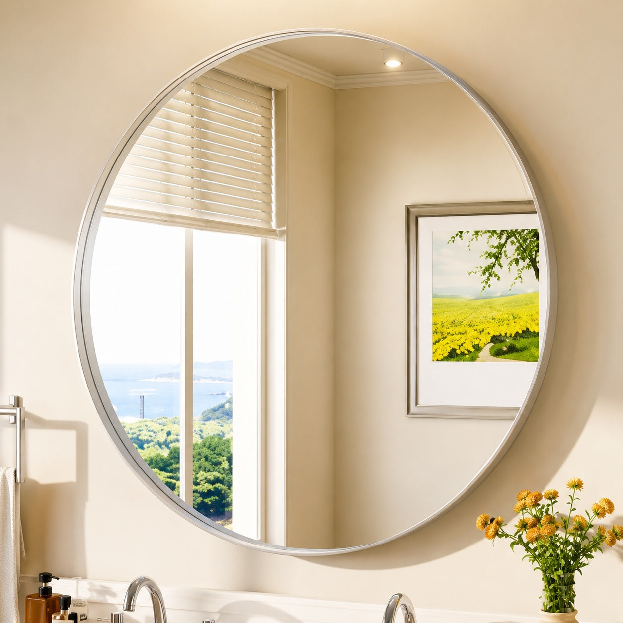 KeonJinn 40 in W x 40 in H Round Mirror Framed Brush Nickel Mirrors for Bathroom Wall Bathroom Vanity Mirror Over Sink