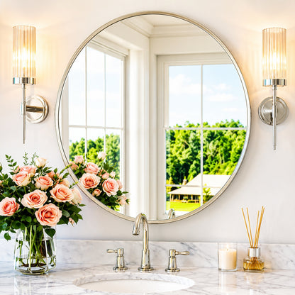 KeonJinn 40 in W x 40 in H Round Mirror Framed Brush Nickel Mirrors for Bathroom Wall Bathroom Vanity Mirror Over Sink