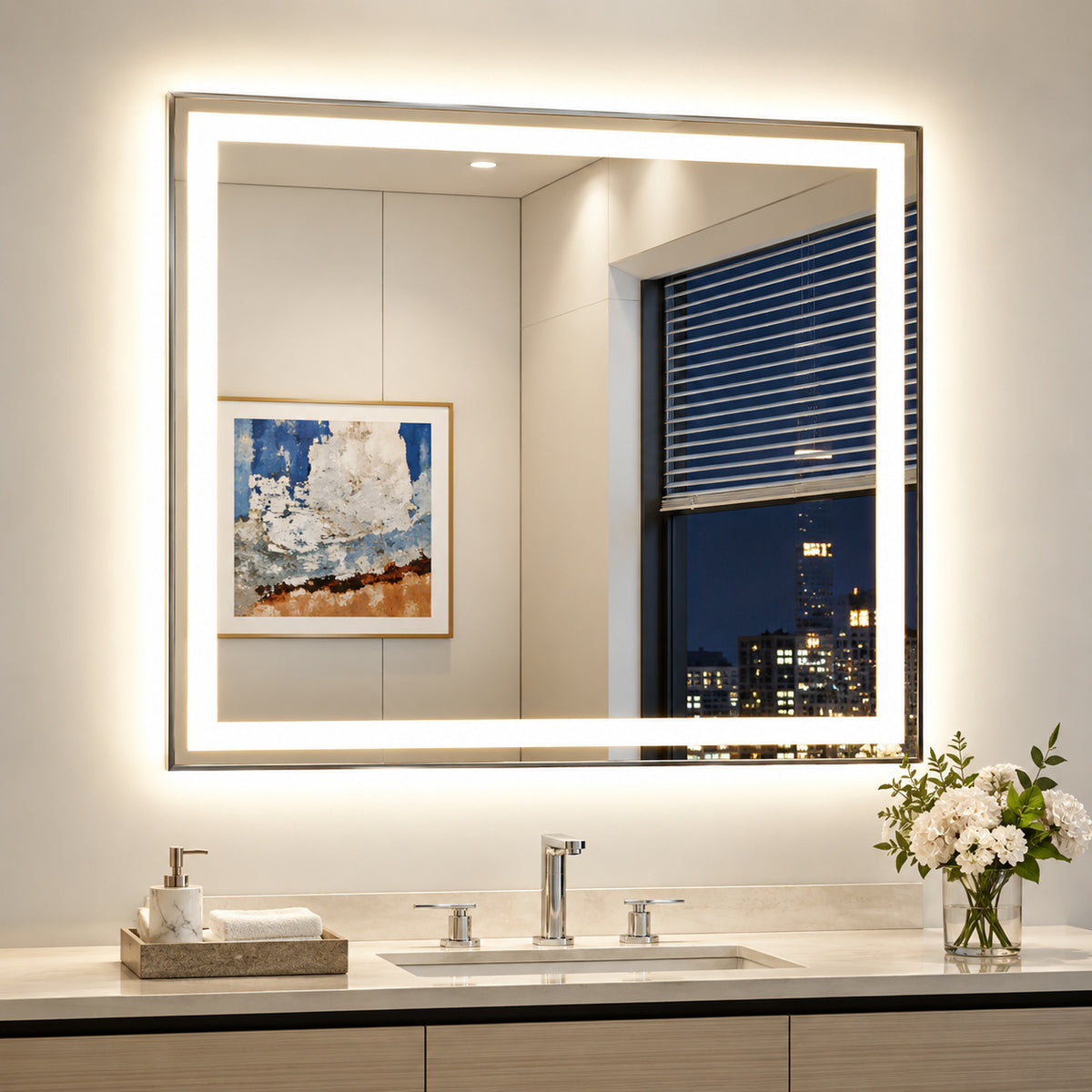 KeonJinn 42 in W x 36 in H Rectangular Bathroom Mirrors Framed LED Wall Mount Bathroom Vanity Mirror HD DJFJX 10691