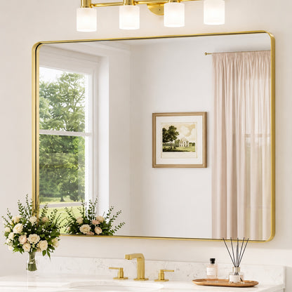 TETOTE 48 in W x 36 in H Modern Rectangular Aluminum Framed Wall Bathroom Vanity Mirror in Brush Gold Bathroom Mirror