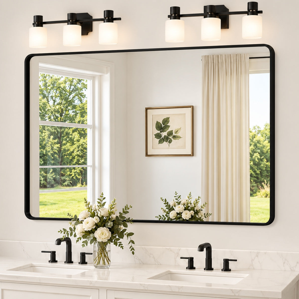 TETOTE 55 in W x 36 in H Modern Rectangular Aluminum Framed Wall Bathroom Vanity Mirror Over Sink in Black Bathroom Mirror HBM15 BK 13991