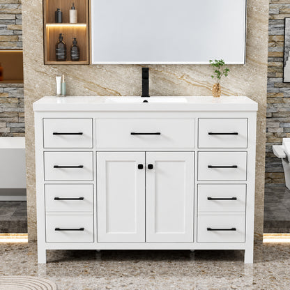 48 in W x 18 in D x 34 in H 1 Sink Freestanding Bath Vanity in White with White SMC Resin Top and Drain Faucet Set BV162WH VS060