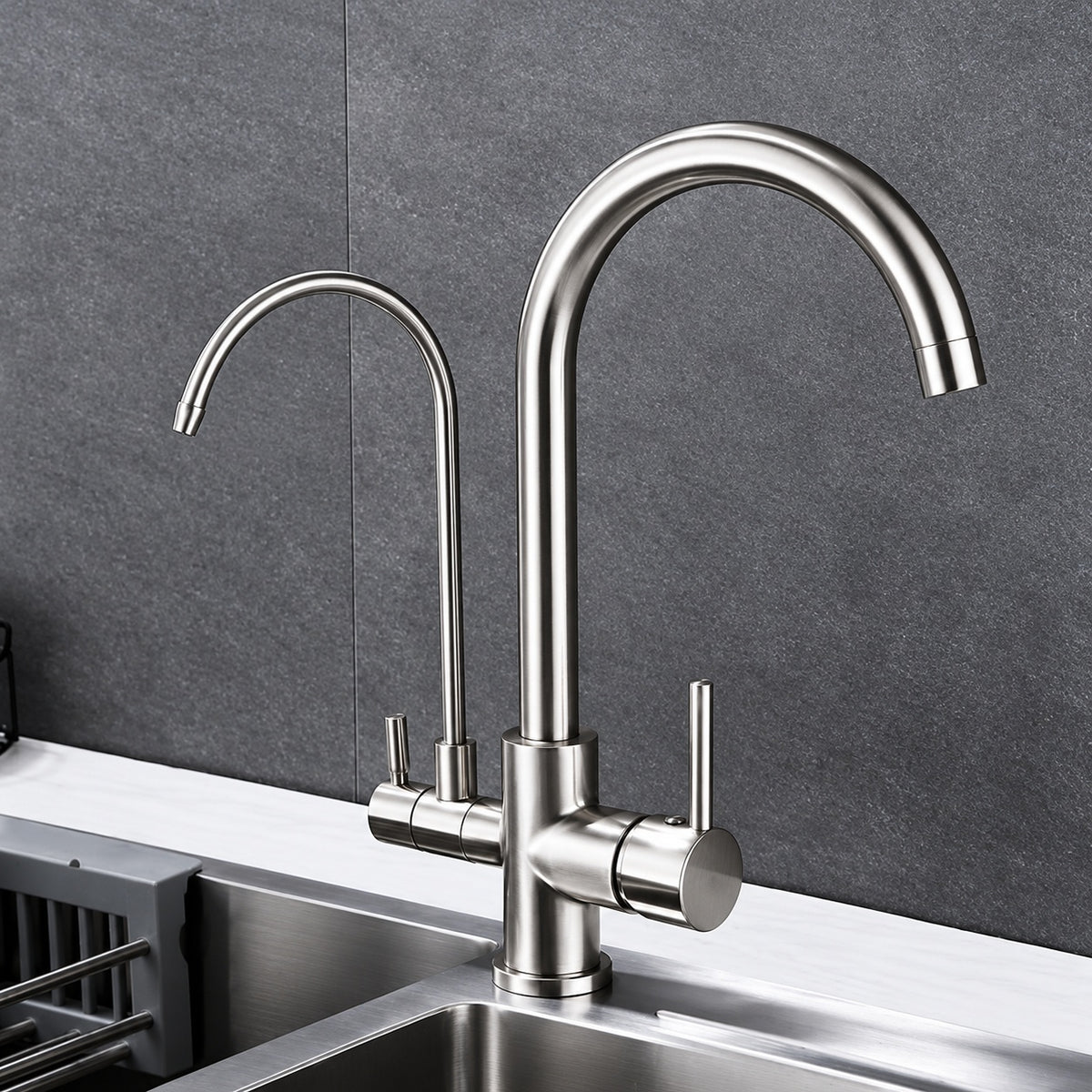 MTTCLE 15 5 in H Dual Handle Deck Mount Dual Spout Pull Down Standard Kitchen Faucet with Water Purification in Brushed Nickel KF015N 01